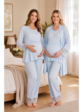 Mavi Dantelli Uzun Kollu Lohusa Hamile Pijama Takımı Sabahlık 33007 Mavi Dantelli Uzun Kollu Lohusa Hamile Pijama Takımı Sabahlık 33007